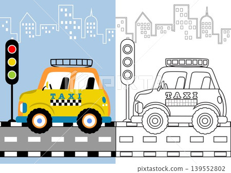 Vector cartoon of taxi in the road with stoplight on buildings background. Coloring page or book Vector cartoon of taxi in the road with stoplight on buildings background. Coloring page or book 139552802