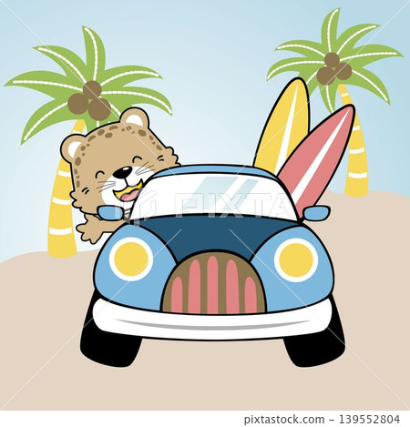 cute leopard on car in the beach, vector cartoon illustration 139552804