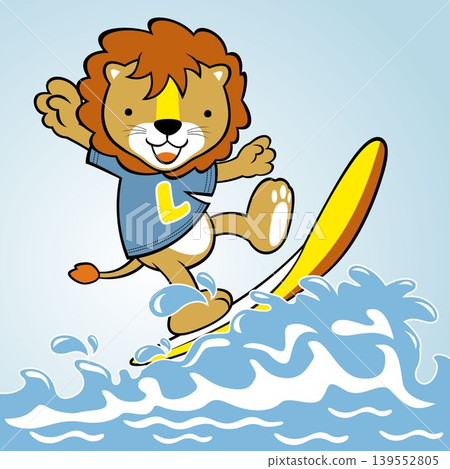 Funny lion surfing in the beach, vector cartoon illustration 139552805