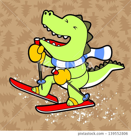 Cute dinosaur play ski on pine trees background pattern, vector cartoon illustration Cute dinosaur play ski on pine trees background pattern, vector cartoon illustration 139552806