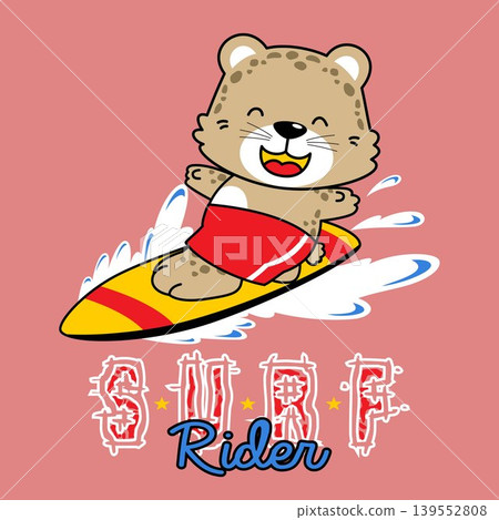 cute leopard on surfboard, vector cartoon illustration 139552808