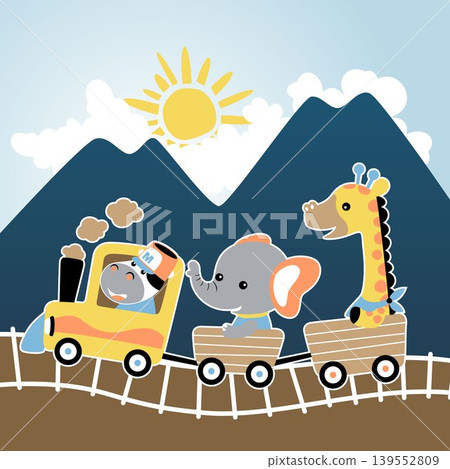 Vector cartoon of cute animals journey with steam train on mountains background 139552809