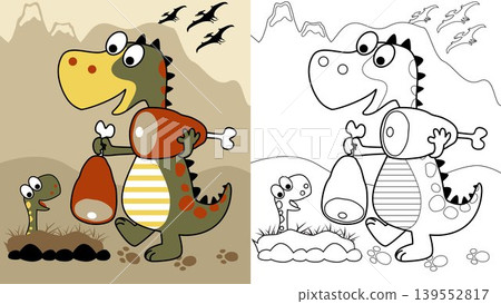 Funny dinosaur carrying meat for it cub, vector cartoon, coloring page or book Funny dinosaur carrying meat for it cub, vector cartoon, coloring page or book 139552817