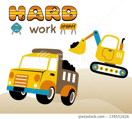 Construction vehicles with construction signs, vector cartoon illustration Construction vehicles with construction signs, vector cartoon illustration 139552826
