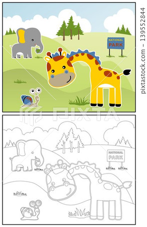 Funny giraffe with little snail, cute elephant eating grass, vector cartoon illustration, coloring book or page Funny giraffe with little snail, cute elephant eating grass, vector cartoon illustration, coloring book or page 139552844