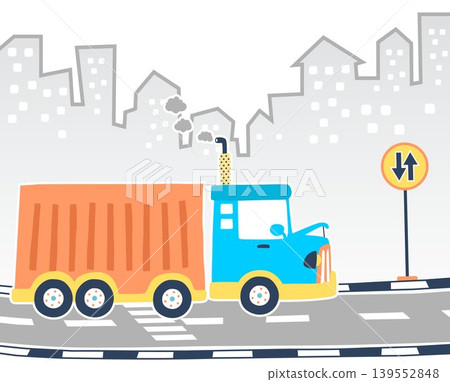 Big truck in the road on buildings background, cartoon vector illustration Big truck in the road on buildings background, cartoon vector illustration 139552848