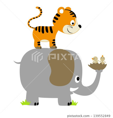 Funny tiger and elephant with baby birds on nest, vector cartoon illustration Funny tiger and elephant with baby birds on nest, vector cartoon illustration 139552849