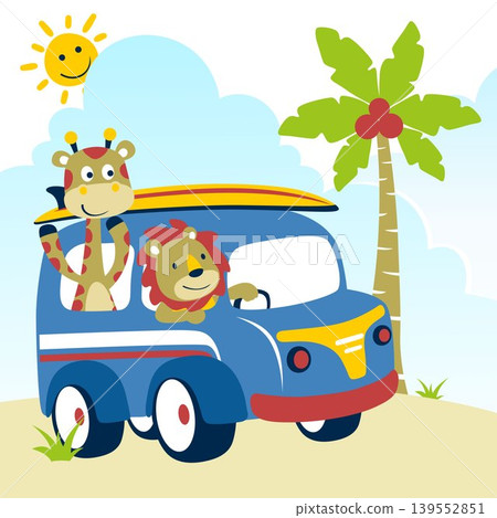 Vector cartoon illustration of cute lion with giraffe on car at summer holiday Vector cartoon illustration of cute lion with giraffe on car at summer holiday 139552851