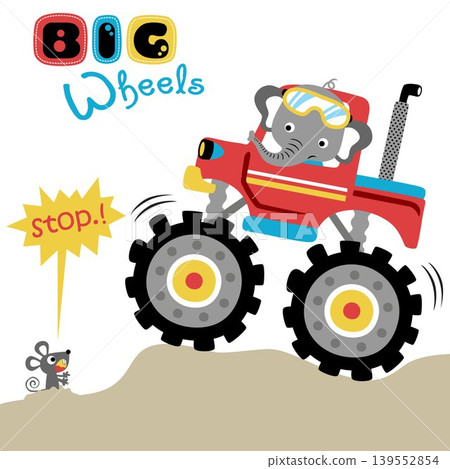 Cute elephant on monster truck with little mouse on ground, vector cartoon illustration Cute elephant on monster truck with little mouse on ground, vector cartoon illustration 139552854