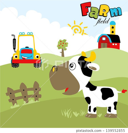 Funny cow with tractor in farm field, vector cartoon illustration Funny cow with tractor in farm field, vector cartoon illustration 139552855