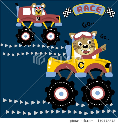 vector cartoon of funny cat with mice in monster truck racing vector cartoon of funny cat with mice in monster truck racing 139552858