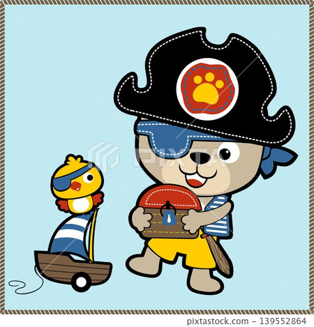 vector cartoon of funny bear in pirate costume carrying treasure chest, little bird on sailboat toy vector cartoon of funny bear in pirate costume carrying treasure chest, little bird on sailboat toy 139552864