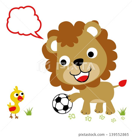 cute lion with little duck playing soccer, vector cartoon illustration cute lion with little duck playing soccer, vector cartoon illustration 139552865