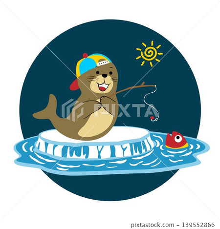 Funny walrus fishing on ice chunk, vector cartoon illustration Funny walrus fishing on ice chunk, vector cartoon illustration 139552866