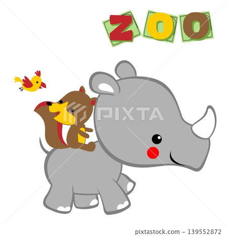 Funny fox ride on cute rhino with little bird, vector cartoon illustration Funny fox ride on cute rhino with little bird, vector cartoon illustration 139552872