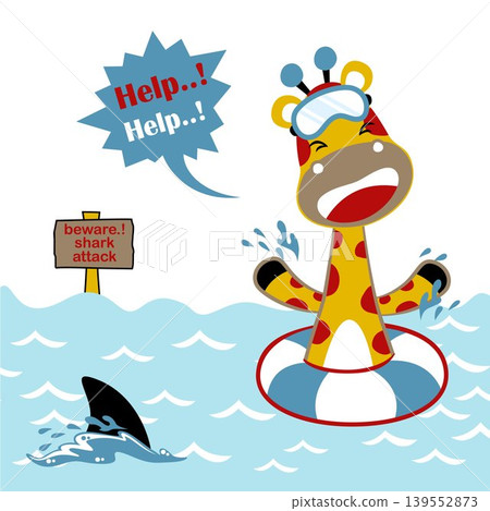 Vector cartoon of funny giraffe swimming in the beach under shark attack Vector cartoon of funny giraffe swimming in the beach under shark attack 139552873