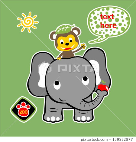 Cute monkey ride on elephant with fruit, vector cartoon illustration Cute monkey ride on elephant with fruit, vector cartoon illustration 139552877