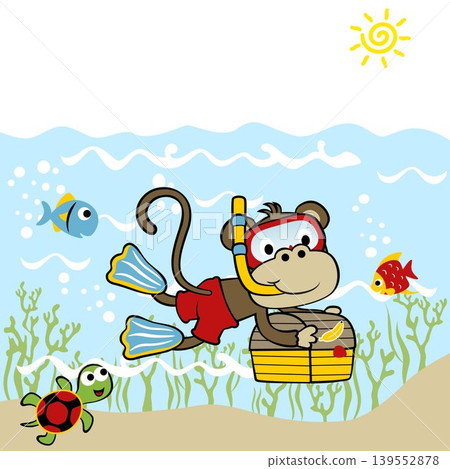 Funny monkey diving undersea carrying treasure chest with marine animals, vector cartoon illustration 139552878
