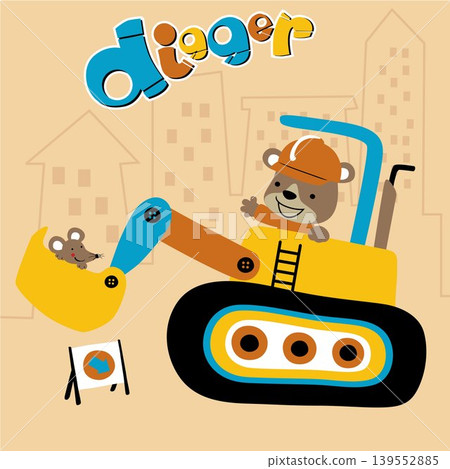 Little bear with mice on construction vehicle, vector cartoon illustration Little bear with mice on construction vehicle, vector cartoon illustration 139552885