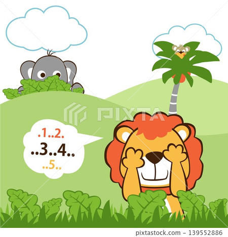 Cute animals playing hide and seek. Lion with elephant hiding in bush and monkey on palm tree, vector cartoon illustration Cute animals playing hide and seek. Lion with elephant hiding in bush and monkey on palm tree, vector cartoon illustration 139552886