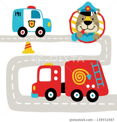 Rescue vehicle in the road with funny cat holding whistle, traffic elements, vector cartoon illustration Rescue vehicle in the road with funny cat holding whistle, traffic elements, vector cartoon illustration 139552897