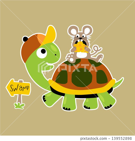 Little mouse holding cheese ride on turtle, vector cartoon illustration Little mouse holding cheese ride on turtle, vector cartoon illustration 139552898