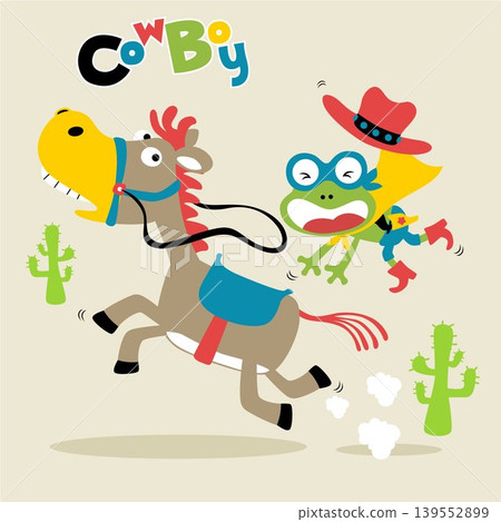 Funny frog in superhero costume riding horse, vector cartoon illustration 139552899