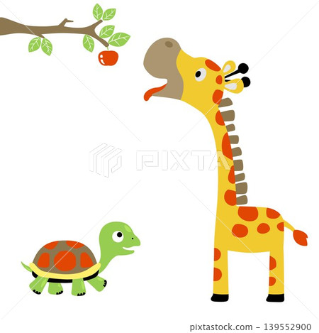 Cute turtle with giraffe try to picking fruit, vector cartoon illustration Cute turtle with giraffe try to picking fruit, vector cartoon illustration 139552900
