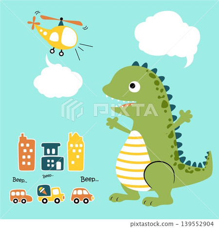 vector cartoon of funny monster with vehicles in city vector cartoon of funny monster with vehicles in city 139552904