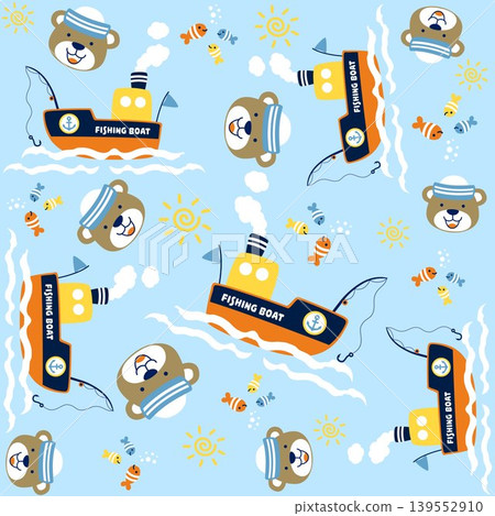 Vector cartoon seamless pattern of cute bear the sailor with sailing elements and fishes 139552910