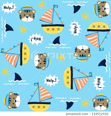 Vector cartoon seamless pattern of cute cat with sailing elements 139552916