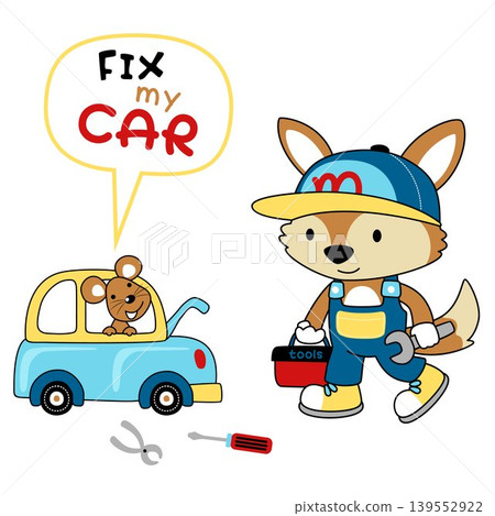vector cartoon of funny cat in car repair shop mechanic costume with mice on car vector cartoon of funny cat in car repair shop mechanic costume with mice on car 139552922