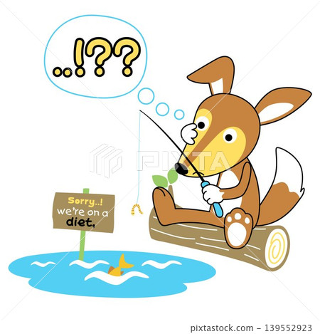 Funny fox sitting on tree trunk fishing, vector cartoon illustration Funny fox sitting on tree trunk fishing, vector cartoon illustration 139552923