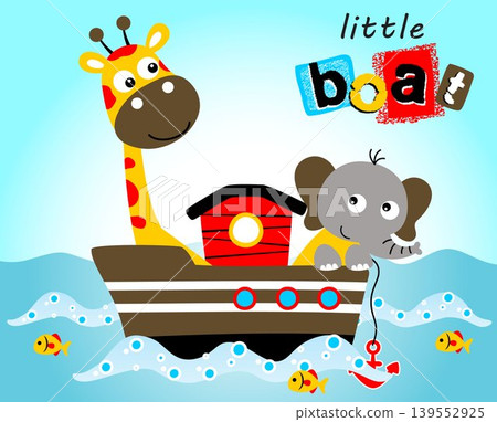 cute giraffe with elephant on boat in the sea, vector cartoon illustration cute giraffe with elephant on boat in the sea, vector cartoon illustration 139552925