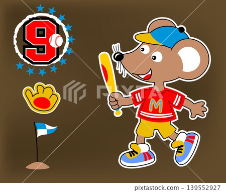 Cute mouse playing baseball, baseball elements, vector cartoon illustration 139552927