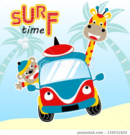 cute giraffe with bear on funny car carrying surfboard on palm tree background, vector cartoon illustration 139552929