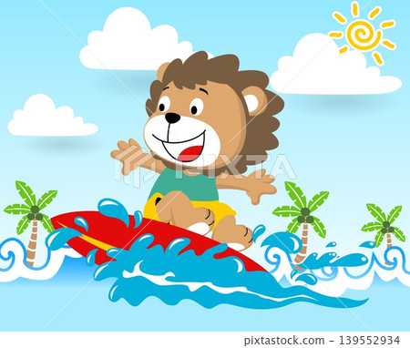 Funny lion surfing in the beach at summer, vector cartoon illustration 139552934