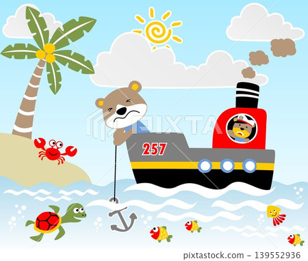 Funny bear on the ship, marine animals in the beach, vector cartoon illustration Funny bear on the ship, marine animals in the beach, vector cartoon illustration 139552936