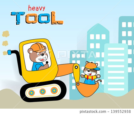 cute bear with cat on construction vehicle, vector cartoon illustration cute bear with cat on construction vehicle, vector cartoon illustration 139552938