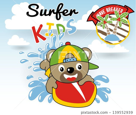 Funny bear on surfboard, surfing elements, vector cartoon illustration Funny bear on surfboard, surfing elements, vector cartoon illustration 139552939