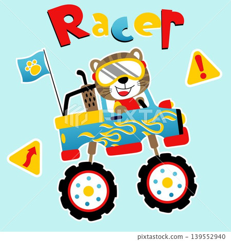 Cute kitten on monster truck, vector cartoon illustration Cute kitten on monster truck, vector cartoon illustration 139552940