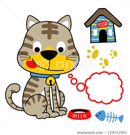 Cute kitten with milk bowl, fish bone and cat cage, vector cartoon illustration Cute kitten with milk bowl, fish bone and cat cage, vector cartoon illustration 139552941