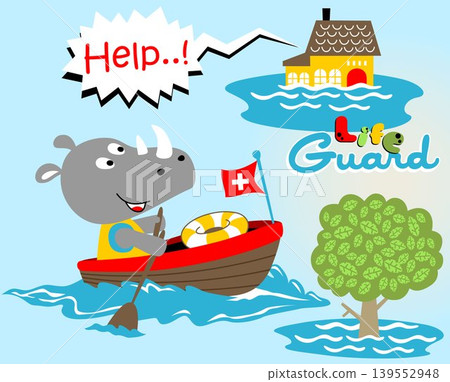 Cute rhinoceros the lifeguard on boat in rescue, vector cartoon illustration Cute rhinoceros the lifeguard on boat in rescue, vector cartoon illustration 139552948