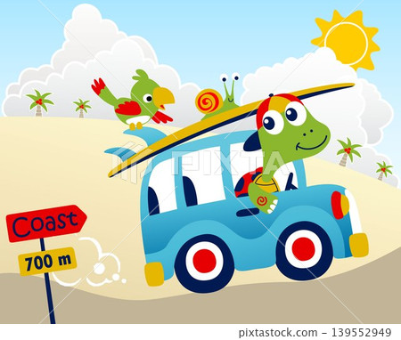 Cute turtle on car with snail and bird carrying surfboard, summer vacation, vector cartoon illustration Cute turtle on car with snail and bird carrying surfboard, summer vacation, vector cartoon illustration 139552949
