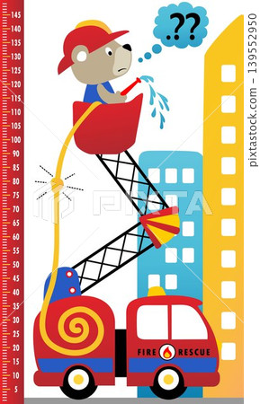 meter wall with funny bear on crane in rescue, firetruck with buildings, vector cartoon illustration meter wall with funny bear on crane in rescue, firetruck with buildings, vector cartoon illustration 139552950