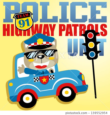 Funny cat on police car with stoplight and police logo, vector cartoon illustration Funny cat on police car with stoplight and police logo, vector cartoon illustration 139552954