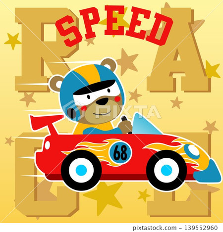 Funny bear on racing car on alphabet background, vector cartoon illustration Funny bear on racing car on alphabet background, vector cartoon illustration 139552960