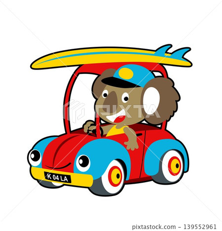Funny koala on car carrying surfboard, vector cartoon illustration 139552961