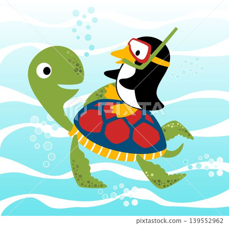 Funny turtle with penguin undersea, vector cartoon illustration Funny turtle with penguin undersea, vector cartoon illustration 139552962