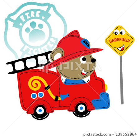 Cute bear on firetruck with funny road sign, vector cartoon illustration 139552964